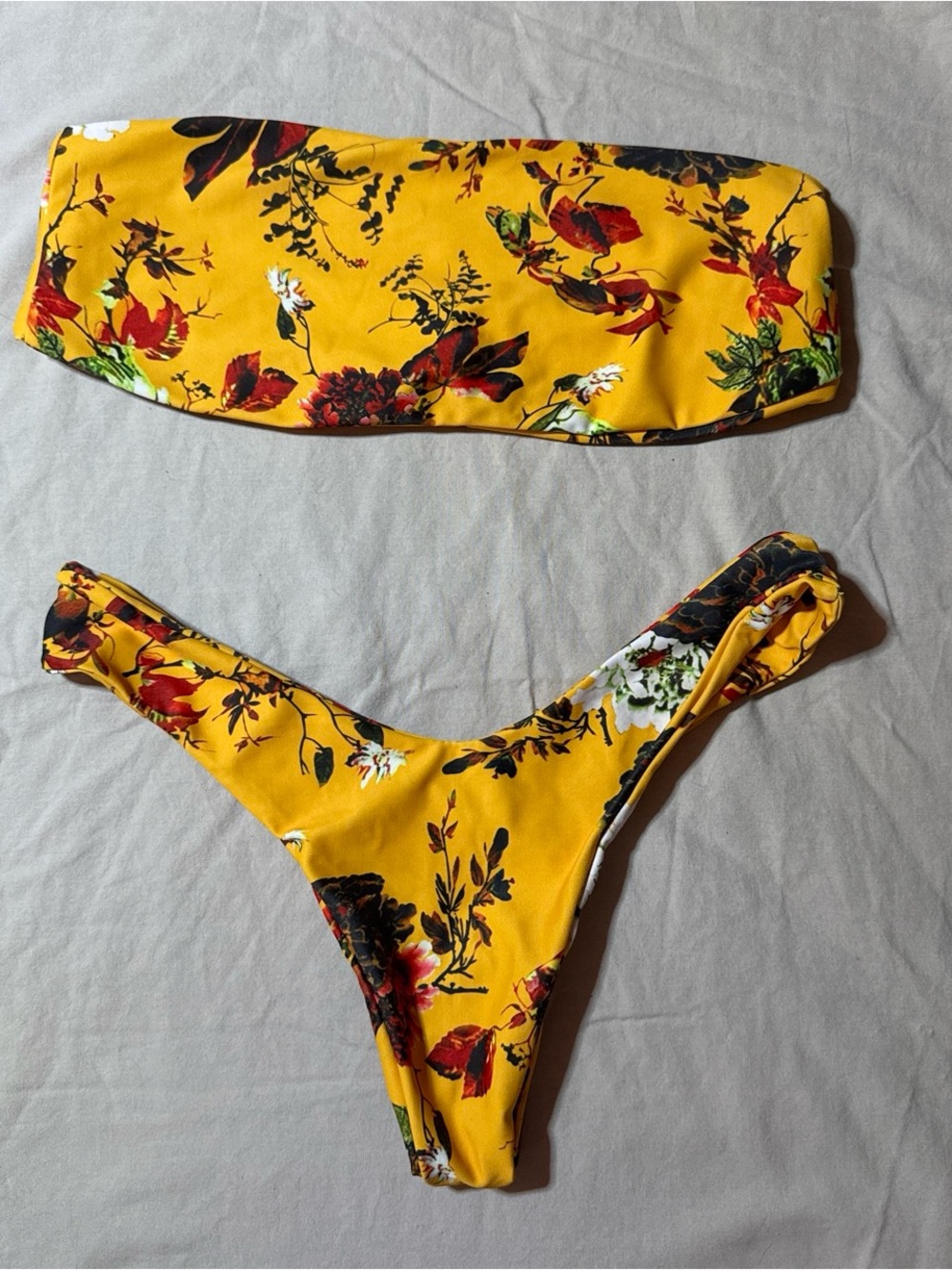 Yellow Floral Bikini Set - Bandeau Top & High-Cut Bottoms